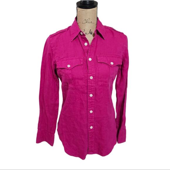 Ralph Lauren Hot Pink Magenta 100% linen Epaulets Button Down Shirt Size 4 - Picture 1 of 9